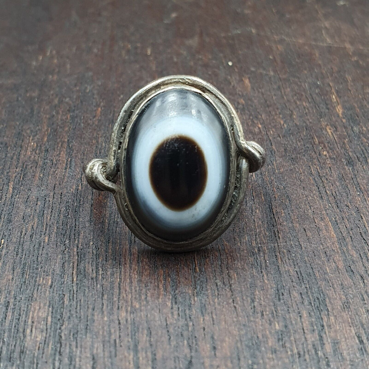 Antique Tibetan Luk Mik Eye Agate Stone 925 Sterling Silver Ring