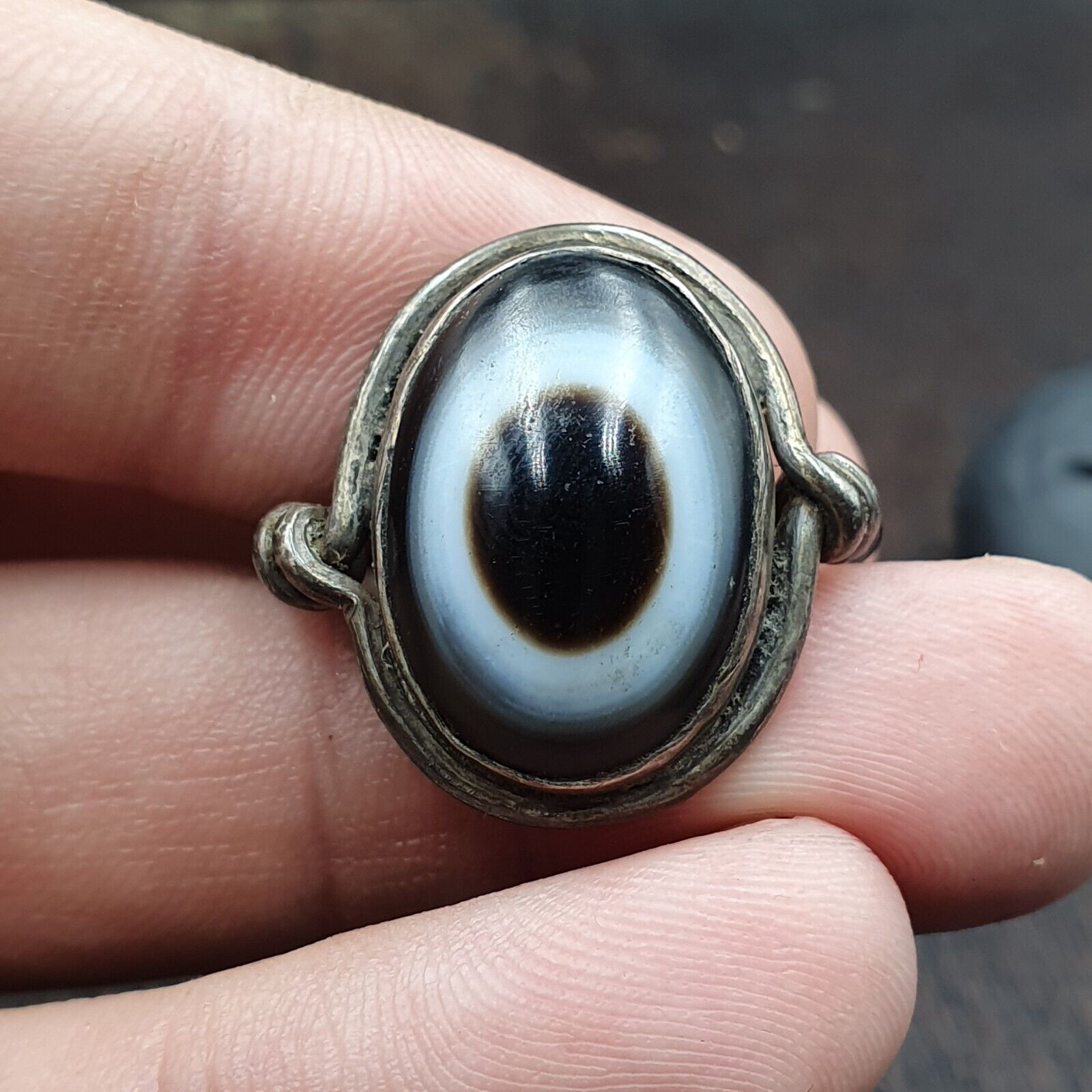 Antique Tibetan Luk Mik Eye Agate Stone 925 Sterling Silver Ring
