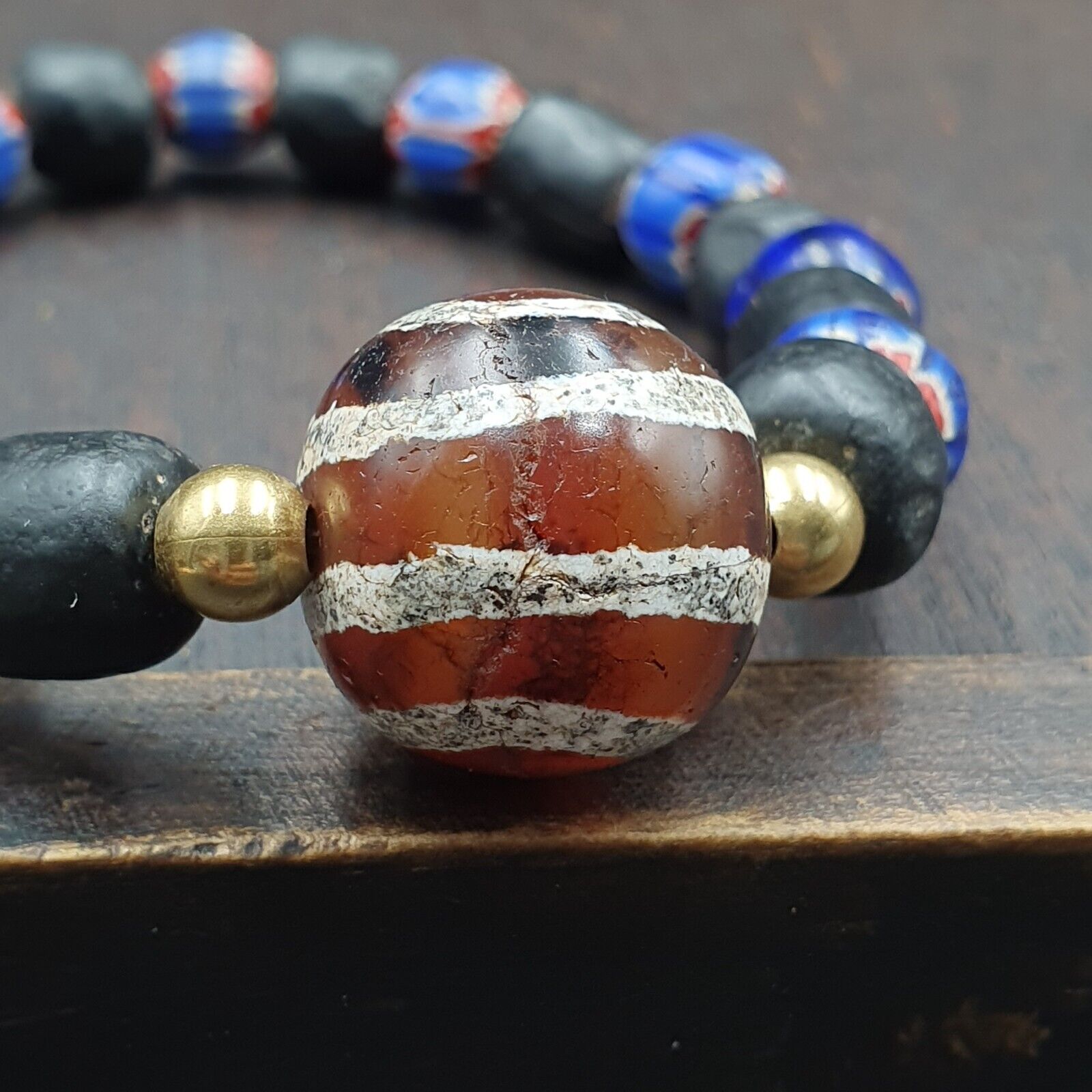 Antique Tibetan Etched Agate Bead with Chevron Beaded Bracelet