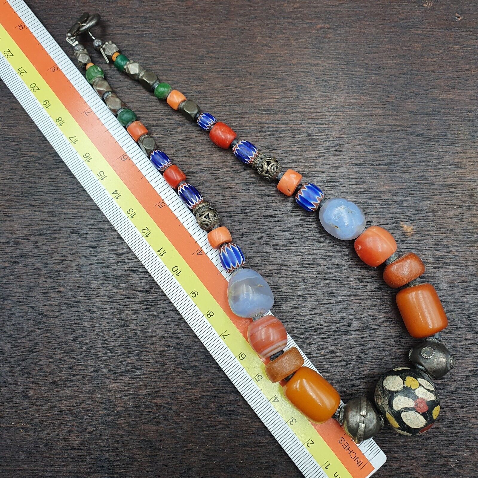 Antique Silver, Amber, Coral, Chevron, Agate, Mosiac Roman Glass  Beads Necklace