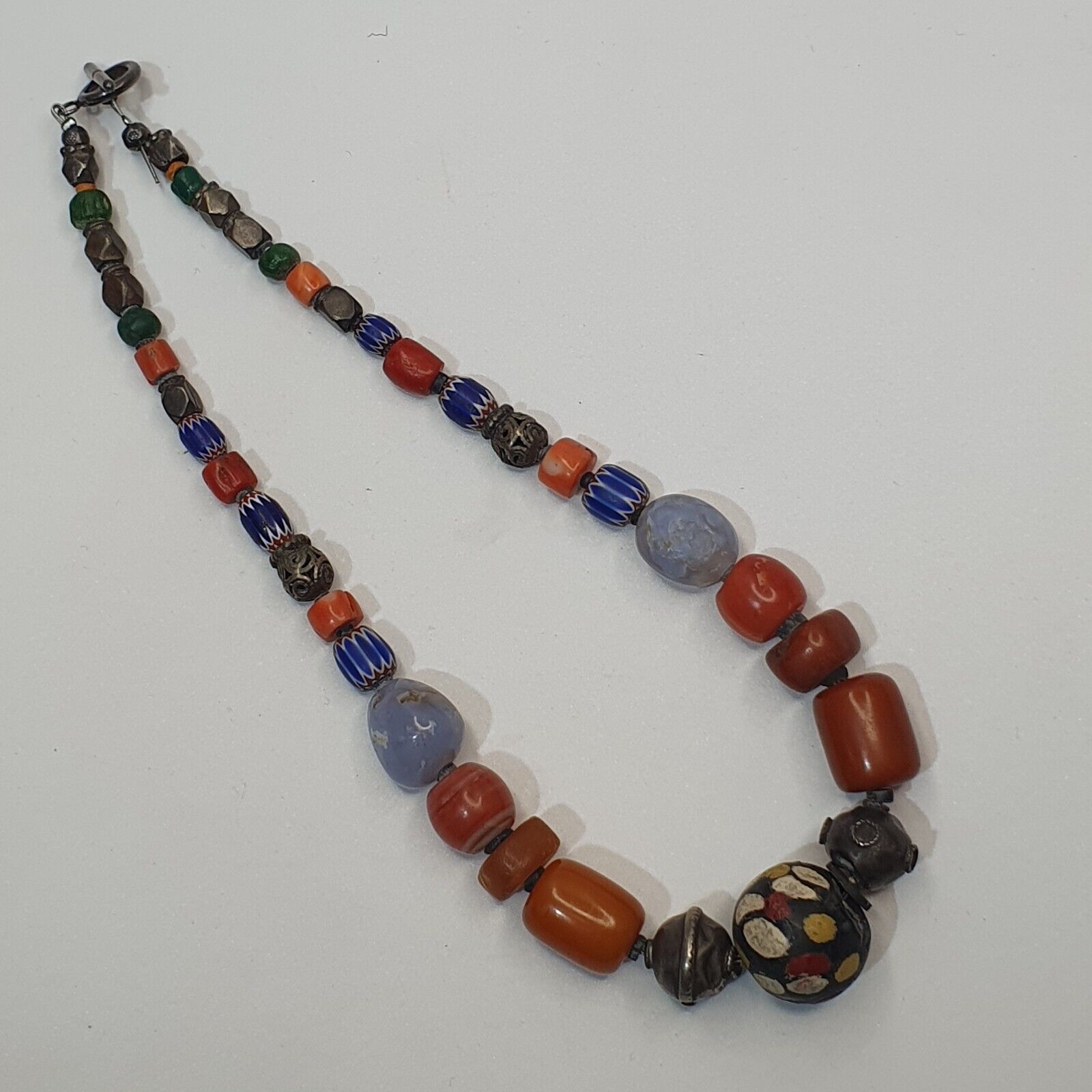Antique Silver, Amber, Coral, Chevron, Agate, Mosiac Roman Glass  Beads Necklace