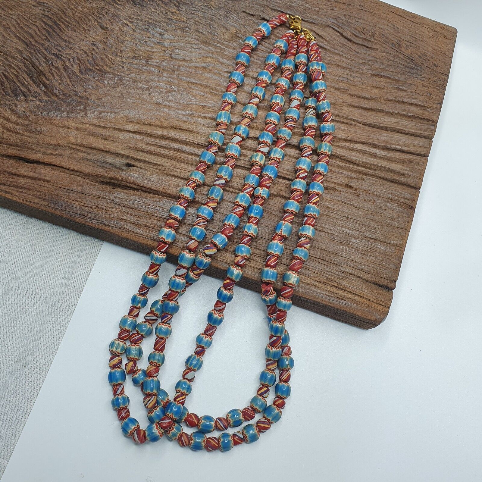 Vintage BLUE Chevron Beads Venetian African Style Beads Long Strand Necklace