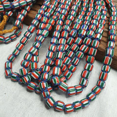 Vintage Venetian Style  African Blue Red Glass Chevron Beads Long Strand