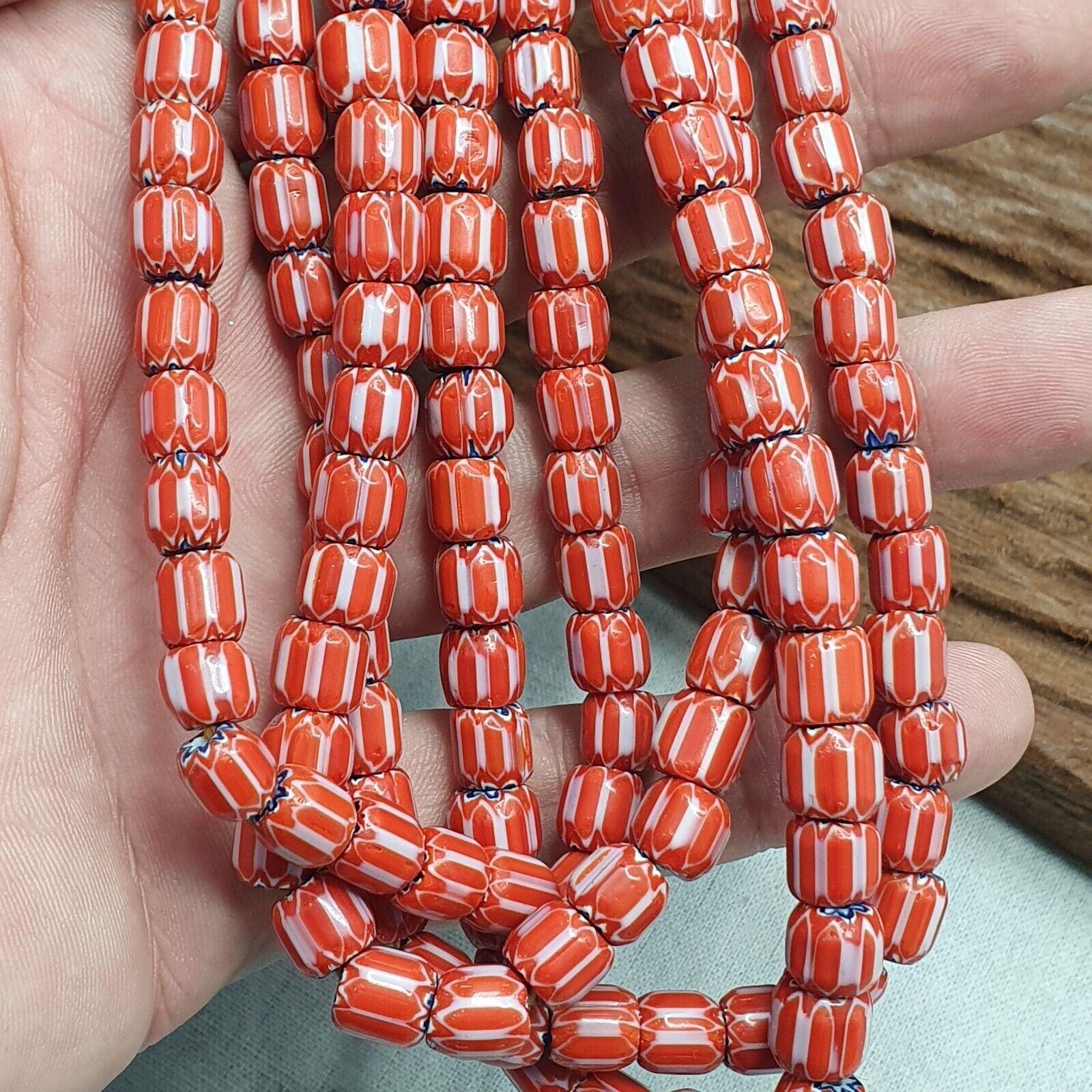 Vintage Venetian Style beads African Red Glass Chevron Beads Long Strand