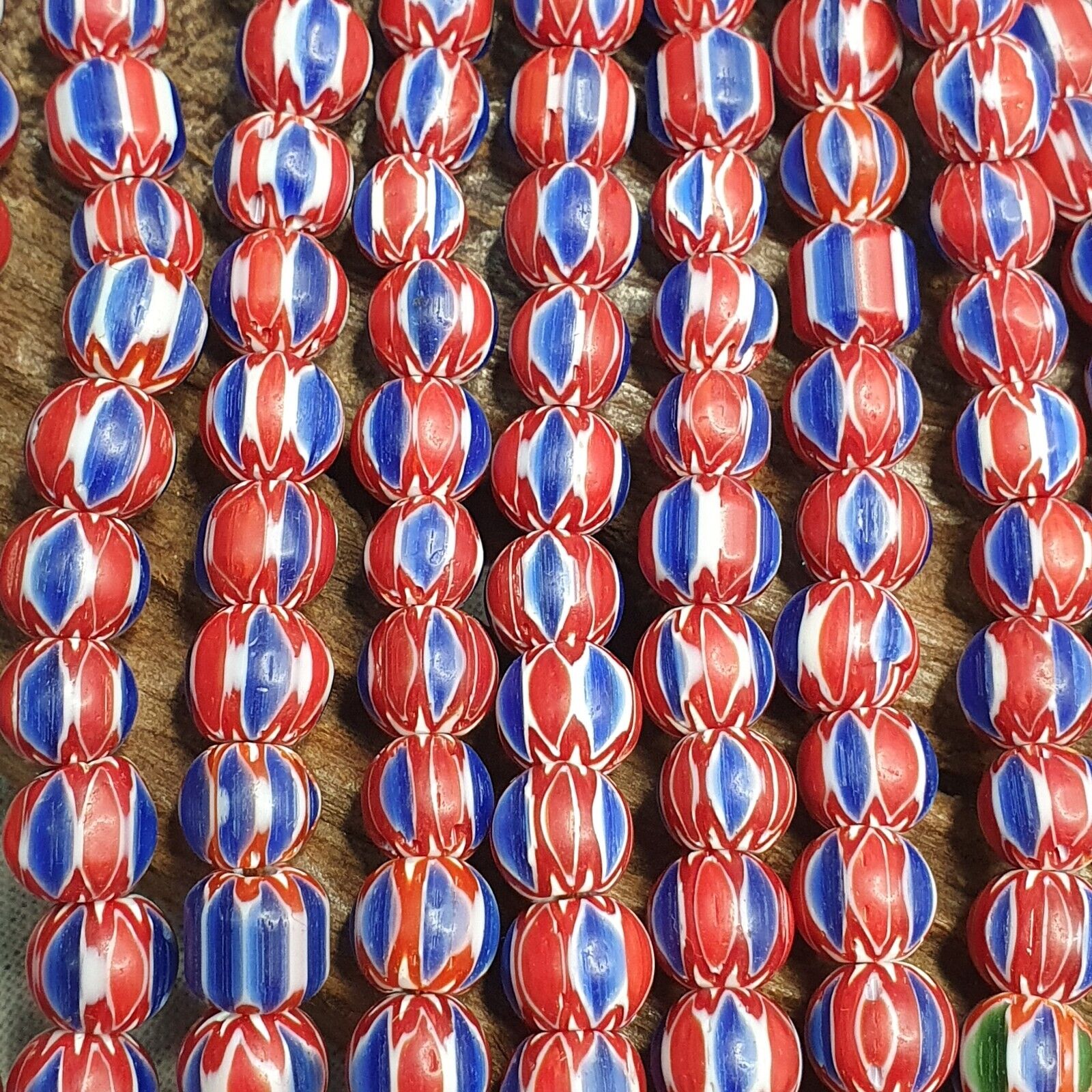Vintage Blue Red Chevron Beads Venetian African style Beads 8mm