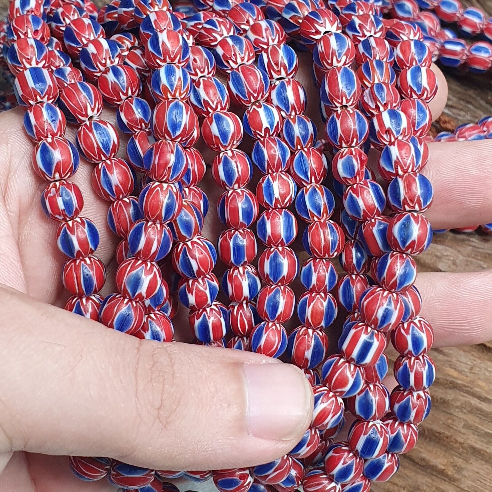 Vintage Blue Red Chevron Beads Venetian African style Beads 8mm