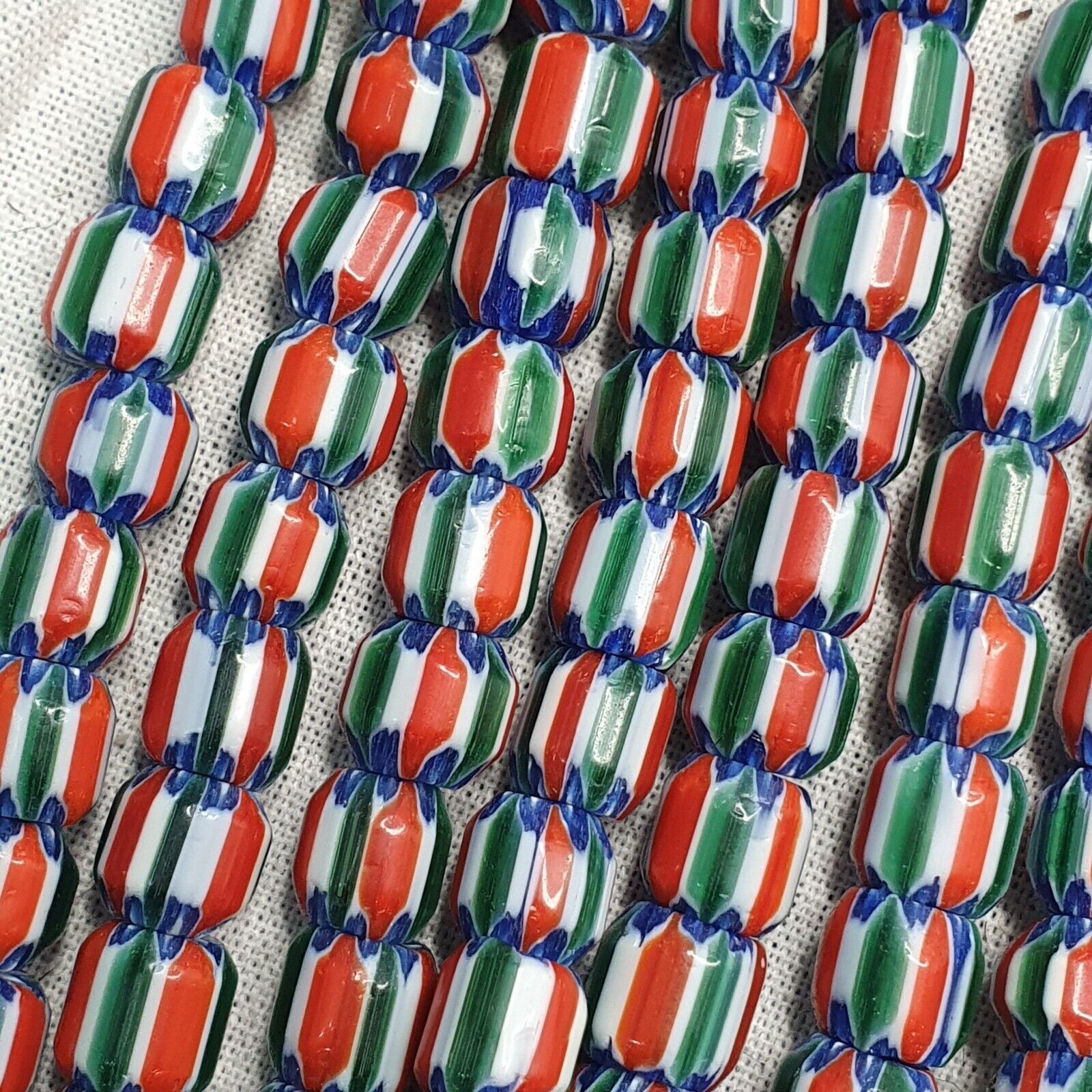 Vintage Venetian Style  African Blue Red Glass Chevron Beads Long Strand