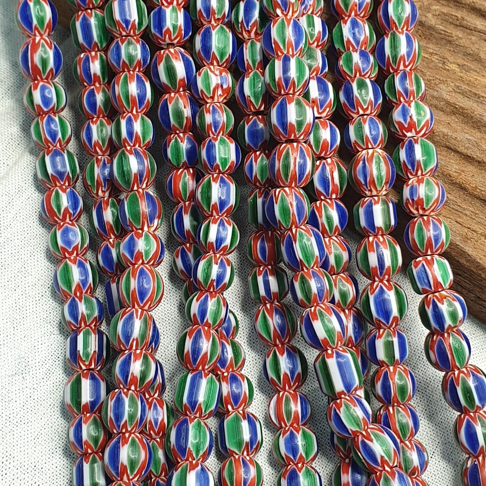 Vintage Blue Green Chevron Beads Venetian African style Beads Long Strand