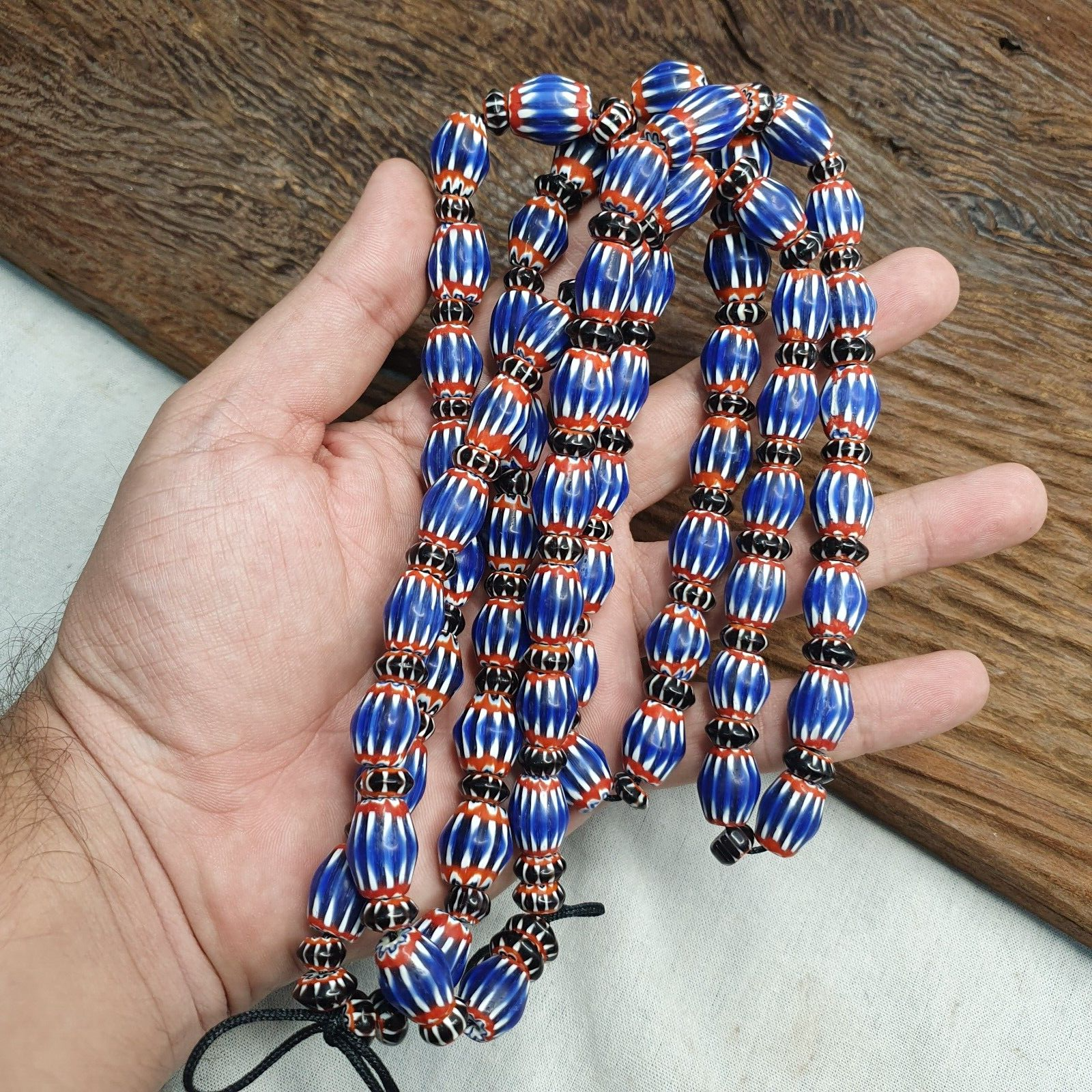 Vintage BLUE Chevron Beads Venetian African Beads Long Strand