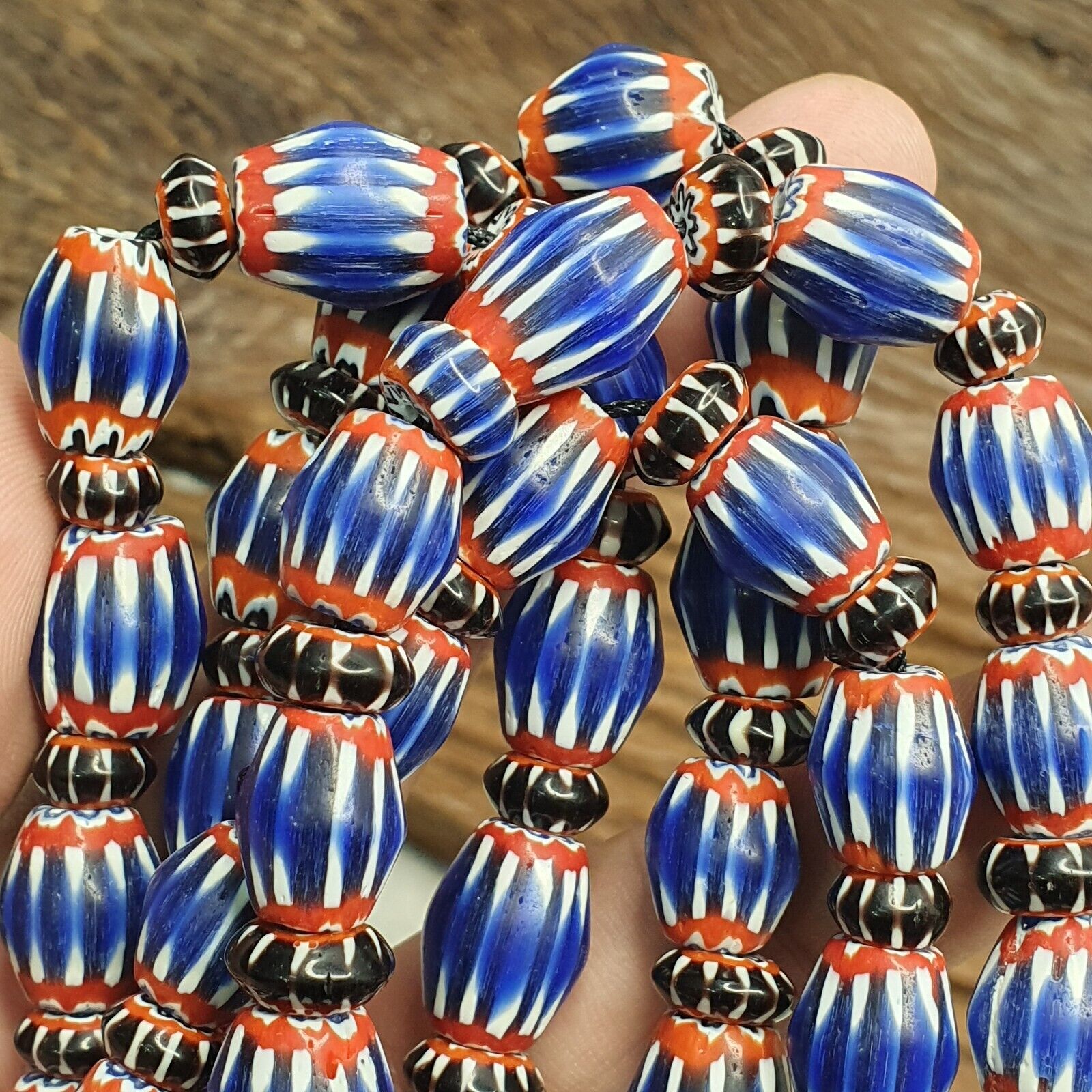 Vintage BLUE Chevron Beads Venetian African Beads Long Strand