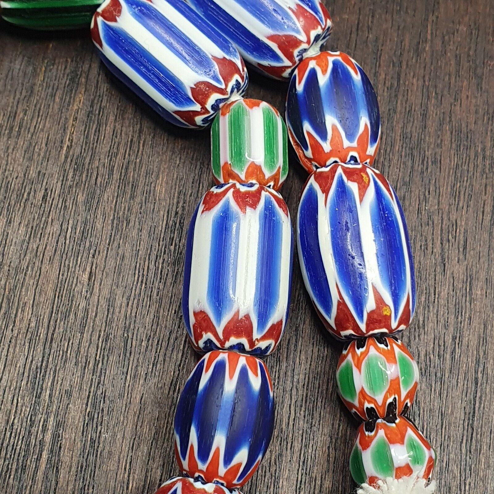 Vintage Venetian Style Trade Blue green Glass Chevron Beads Long necklace