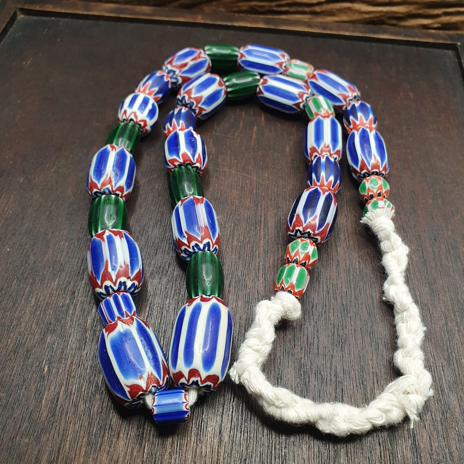 Vintage Venetian Style Trade Blue green Glass Chevron Beads Long necklace