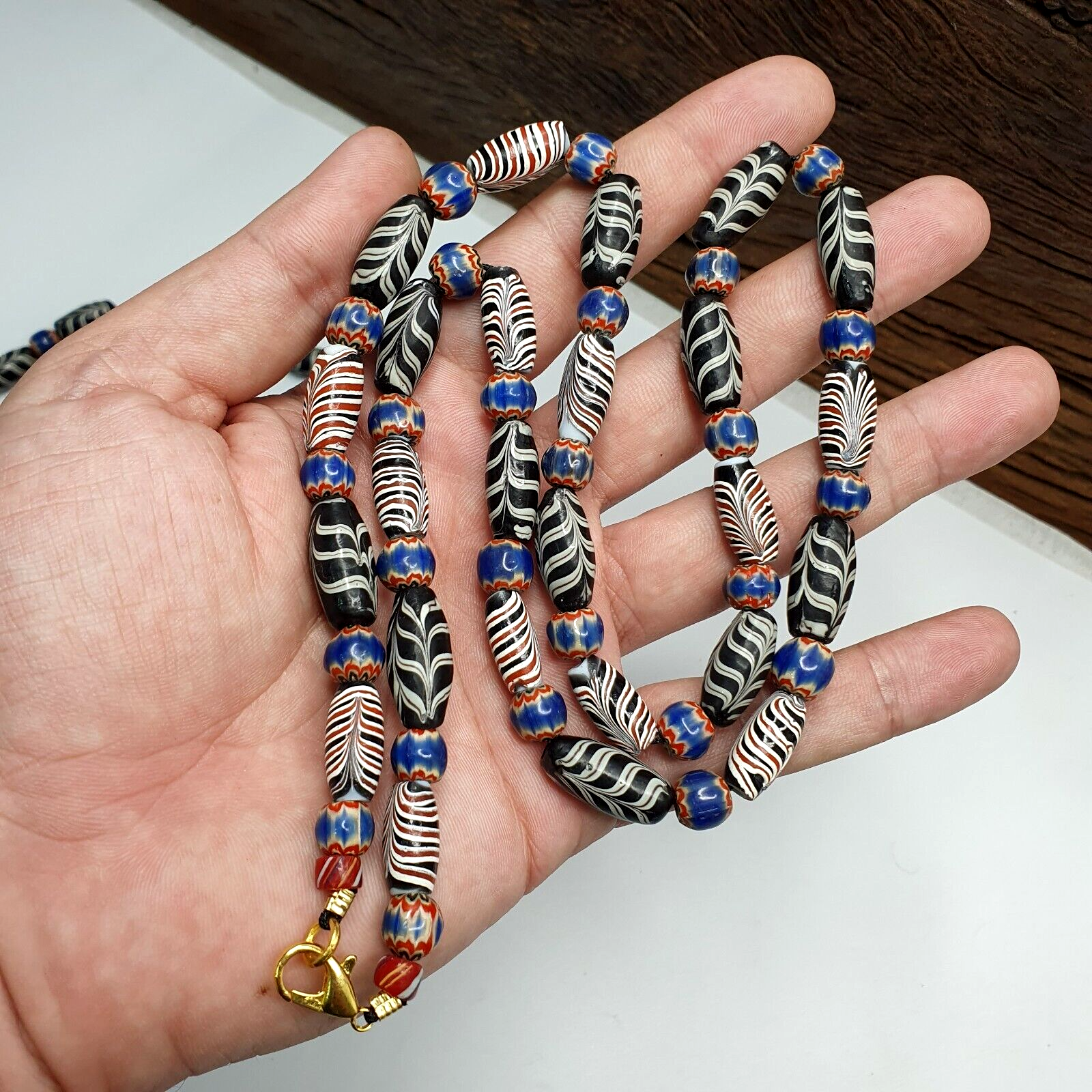 Venetian Style Feather pattern and blue chevron beads beaded Necklace