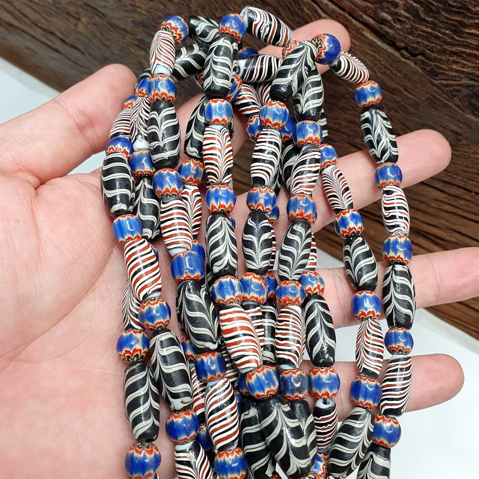 Venetian Style Feather pattern and blue chevron beads beaded Necklace