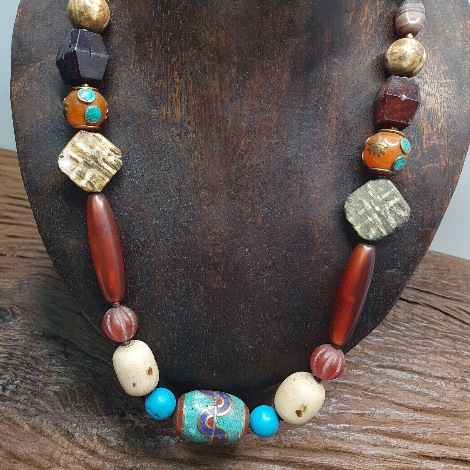 Vintage African beads Chevron Glass, Pumtek, Agate And Nepal pendant Necklace