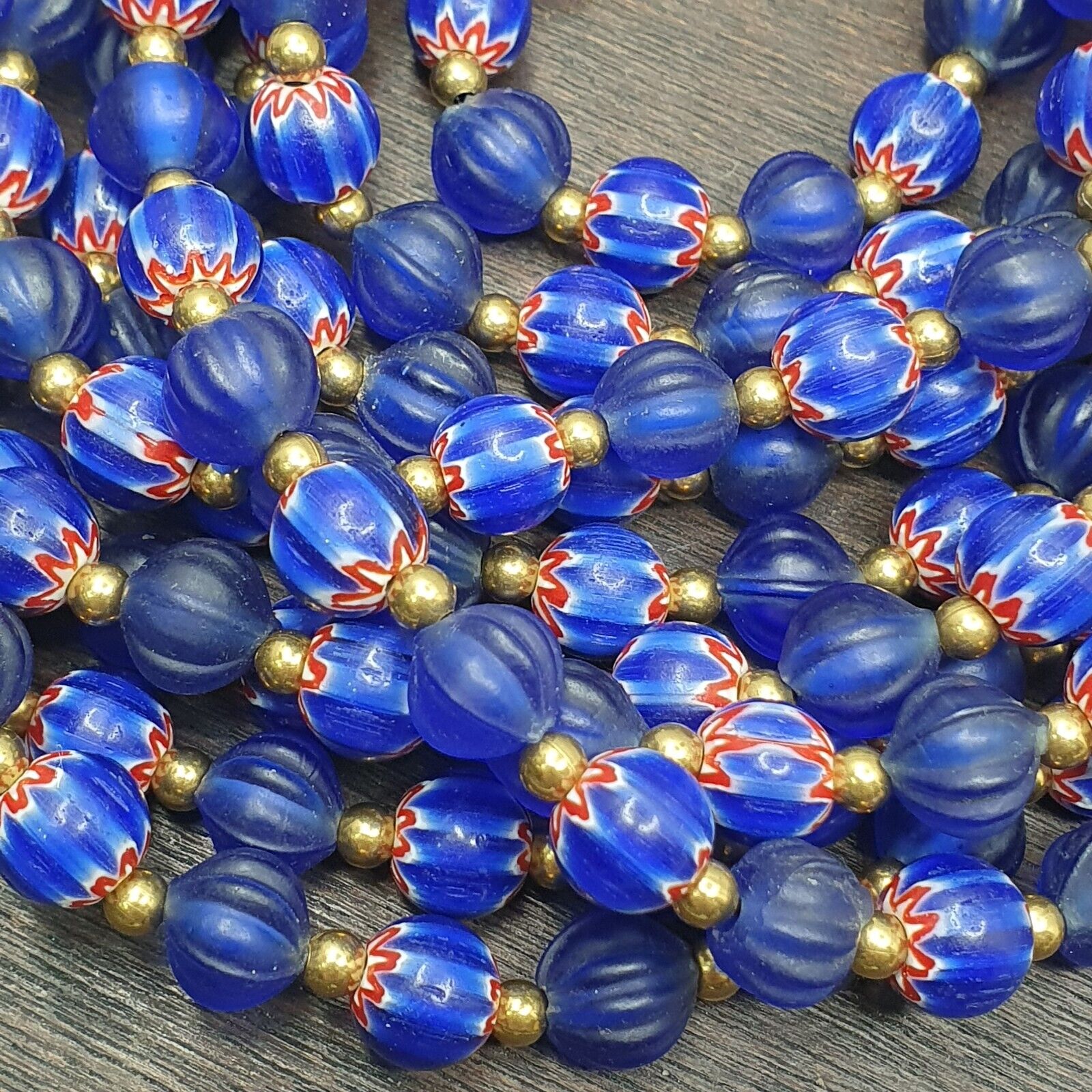 Venetian Style Vintage Blue Chevron, African Blue Glass Beads Necklace CHR-2