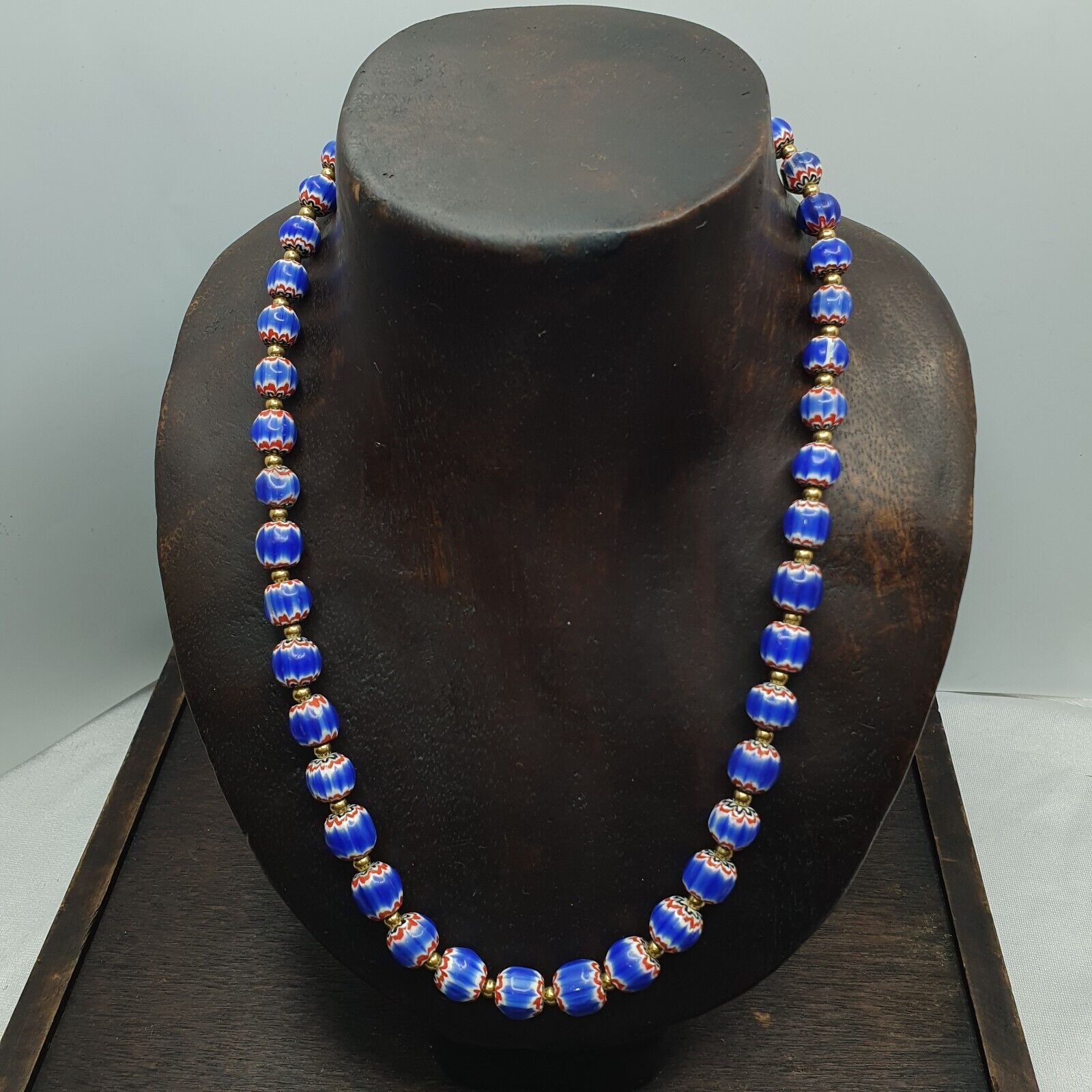 Vintage Blue Chevron Venetian Style Multilayers Glass Beads Necklace CHR-1