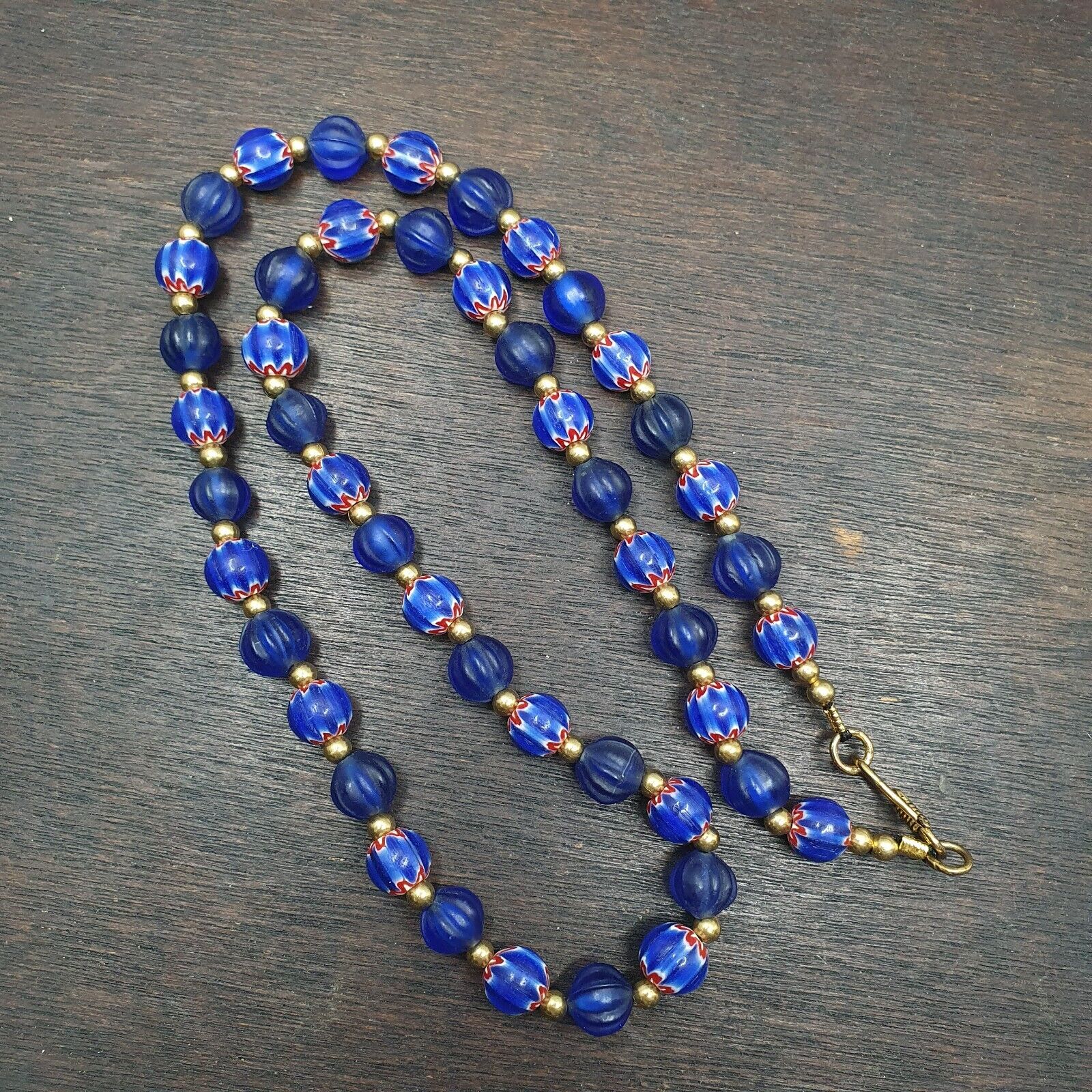 Venetian Style Vintage Blue Chevron, African Blue Glass Beads Necklace CHR-2
