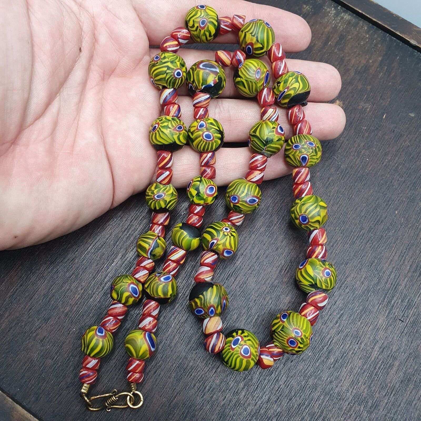 Vintage Roman Style Green Gabri Eyes And African red Glass Beads Necklace
