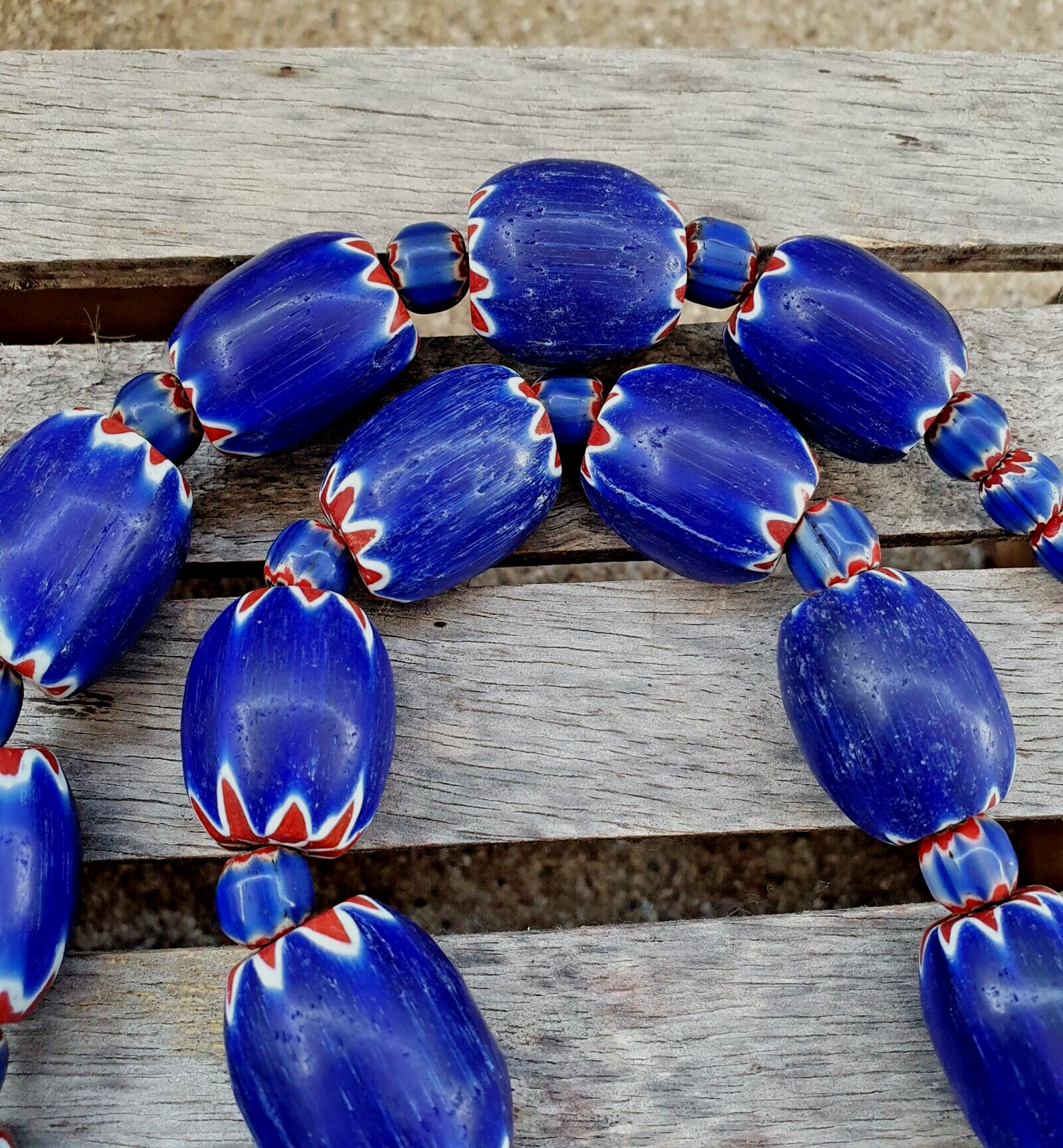 400 Grams Venetian style Blue Chevron Glass Beads Big Size Long Strand