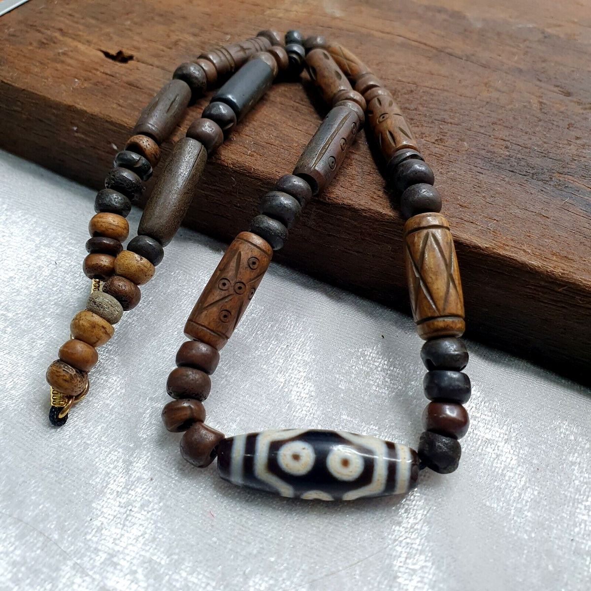 7 eyes Tibetan old Agate amulet with carving Yak Bone Beads Necklace