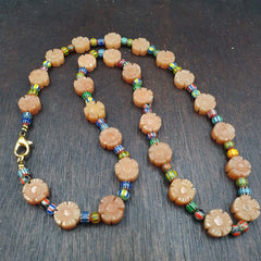 Vintage Yellow Carving Aventurine stone and venetian Chevron Beads Mala Necklace