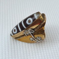 Antique Tibetan DZi 2 eye Agate Center Stone Silver Inlay Gold Plated brass Ring