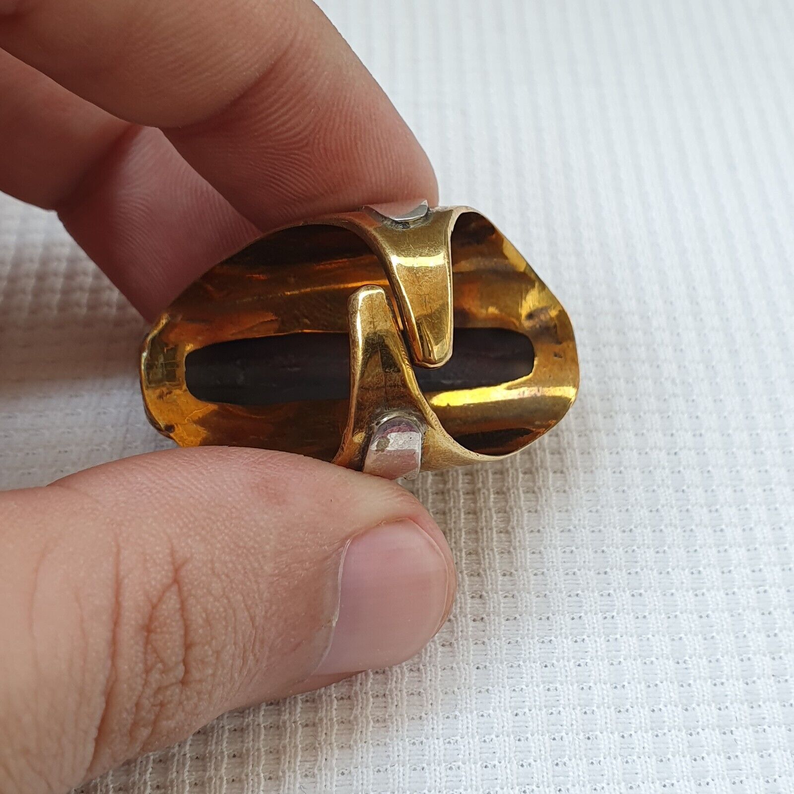 Antique Tibetan DZi 2 eye Agate Center Stone Silver Inlay Gold Plated brass Ring